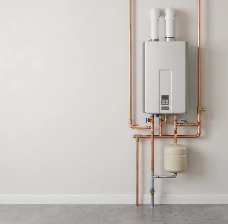 Wall-mounted tankless water heater with copper water lines and vent pipes